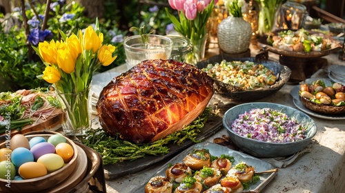 A beautifully set Easter table with a glazed ham, colorful eggs, and vibrant spring flowers in a lush garden setting.