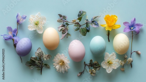 Colorful Easter eggs and flowers arranged on a pastel blue background