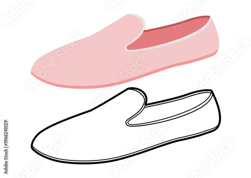 Pink loafer shoe women flat plus line set. Minimal slip on casual footwear for capsule closet lifestyle design project. Technical fashion illustration CAD mockup mixed vector man unisex isolated style