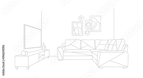 Minimalist living room interior sketch with sofa and television.