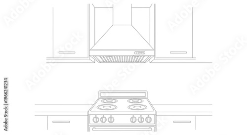 Modern Kitchen Stove and Range Hood Line Art Illustration.