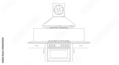 Modern Kitchen Stove and Range Hood Line Art Illustration.