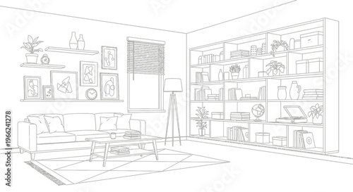 Modern living room interior with sofa, coffee table, and large bookshelf.