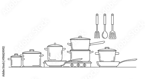 Various kitchen pots pans and utensils on a stove top in a minimalist line art style.