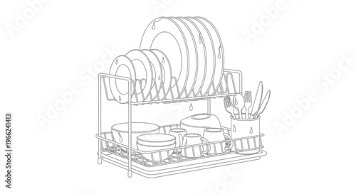 Two-Tier Dish Drying Rack with Plates Bowls and Utensils Line Art Illustration.