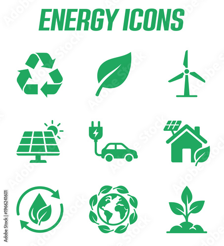 Green energy icons set, sustainable ecology symbols in flat vector style, renewable power and environmental conservation graphics for web design