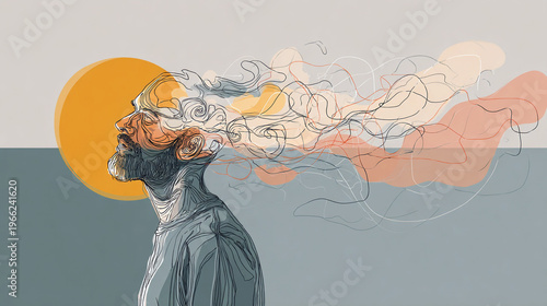 Minimal pastel one-line abstract illustration of a man with clouds and patterns emerging from his head, symbolizing negative mental health and inner struggle