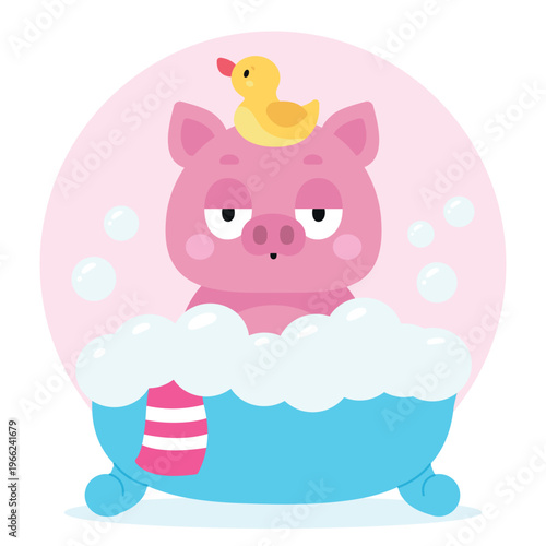 Funny cartoon pig taking a bubble bath with a rubber duck on its head. Vector illustration, isolated background.