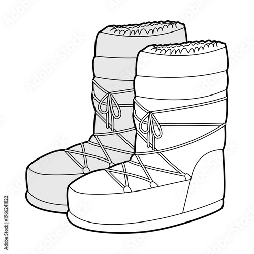 Lace-up padded winter boot women sketch pair. Wrapped construction with front lacing for mountain, wear. Technical fashion illustration CAD mockup detailed vector men unisex isolated elegant style
