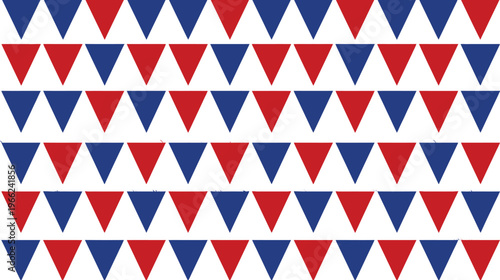 Seamless repeating pattern composed entirely of alternating horizontal rows of solid red and solid blue triangular pennants against a pure white backdrop.