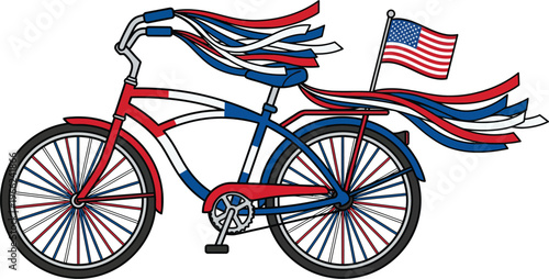 Cruiser bicycle decorated with red, white, and blue streamers flowing from the handlebars and seat, proudly displaying a small American flag on the rear rack.