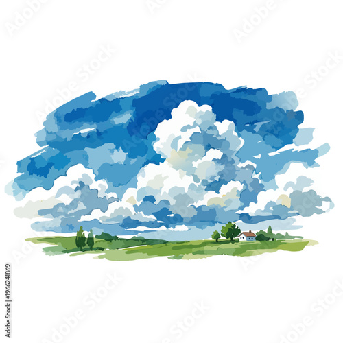 入道雲が広がる夏空と草原の風景　水彩画風