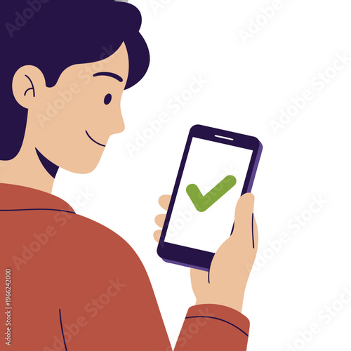 A smiling young adult uses a smartphone to view a micro loan approval notification. Modern, digital finance concept. Clean, bright background.