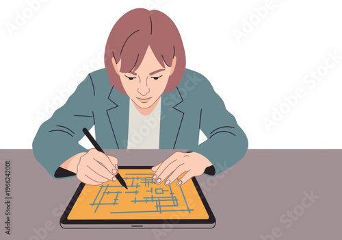 An architect meticulously drafts a design on a tablet, focused and creative. Modern workspace, eco-friendly design concept.