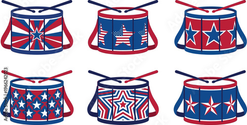 A collection of six distinct marching band snare drums featuring various American flag inspired star and stripe patterns are shown ready for use.