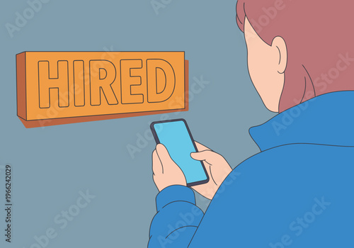 A young adult celebrates a remote hiring success, viewing a 'Hired' notification on their phone. Modern illustration style, vibrant colors, and a clear composition.