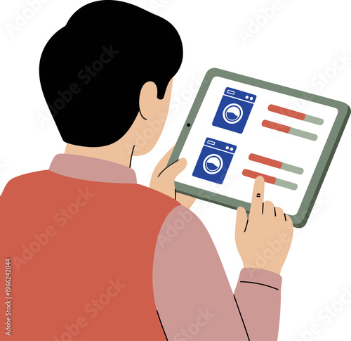 A young Asian man checks a tablet displaying laundry machine notifications. Modern, clean design. Focus on smart home technology and convenience.