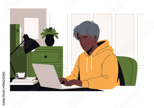 A young Black man works on a laptop in a stylish villa workspace. He?s smiling, wearing a hoodie, and focused on his digital work. Modern, inviting, and productive.