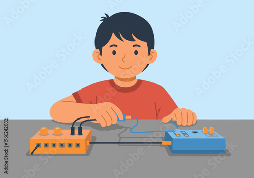 A young boy connects circuit boards, engaging in a STEM activity. Bright colors and a clear composition highlight learning and technology. Ideal for educational content.