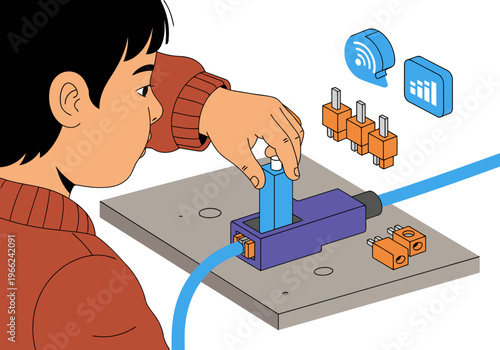 A young boy explores fiber optic technology, connecting cables to a device. Bright, educational illustration showcasing STEM learning. Clear composition, modern style.