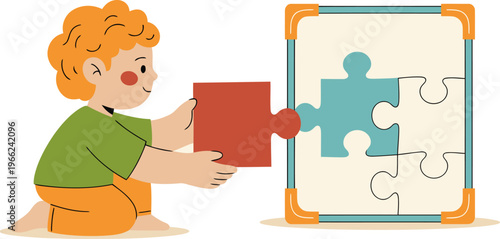 A young boy joyfully fits a puzzle piece, learning and growing. Bright colors and a playful illustration promote child development and educational concepts.