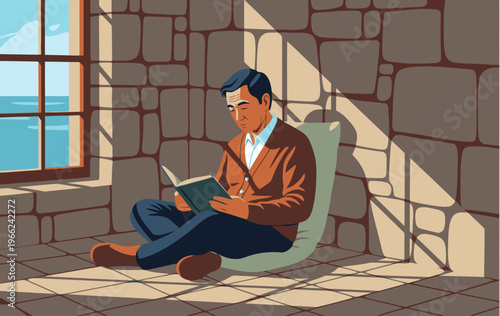 An elderly Asian man relaxes and reads a book in a sunlit stone room. Warm lighting and a peaceful scene evoke a sense of tranquility and quiet enjoyment.