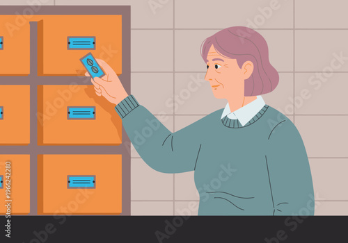 An elderly woman carefully selects a seed vault emergency bunker key.  A clear, focused image showcasing preparedness and security.  Warm tones and a detailed composition.