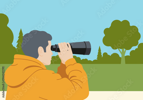 An elderly man observes nature through a periscope, enjoying a peaceful outdoor scene. A vibrant, detailed illustration evokes a sense of wonder and exploration.