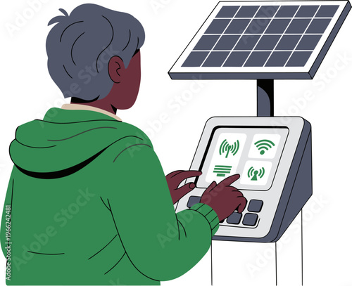 A man interacts with a solar finance hub, connecting to wireless signals. This illustration depicts rural financial access and sustainable technology. Modern, clean design.