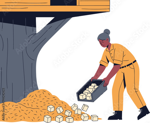 A professional woman safely prepares a treehouse landing zone with sand.  Clear safety zone established. Modern illustration style.