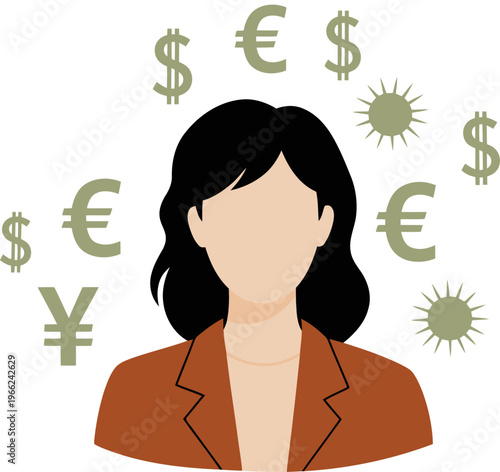 A professional woman envisions success and financial gain. She?s a loan applicant, surrounded by currency symbols and radiating positive outcomes. Modern, clean design.