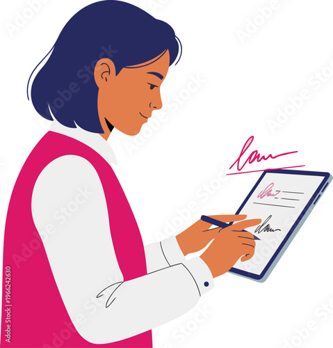 A professional woman signs a digital loan agreement on a tablet, showcasing modern entrepreneurship and digital finance. Clean, bright, and focused.