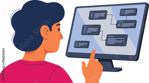 A young professional examines blockchain loan data on a screen, highlighting secure verification. Modern, digital illustration with a focus on data integrity.