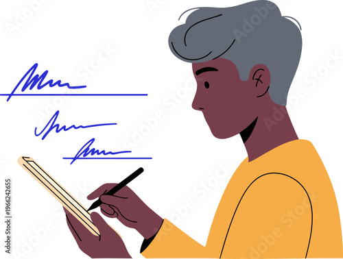 A professional signing a contract remotely. Focused on a digital tablet, conveying modern remote work. Clean, bright, and inviting.