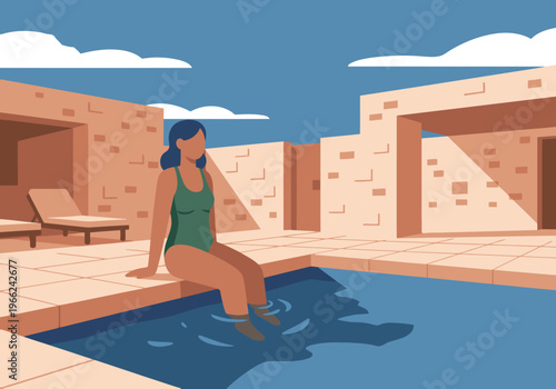 A woman relaxes poolside at Villa Pool Relaxation Arid. She sits enjoying the water, with a modern villa and clear blue sky in the background. A tranquil summer scene.