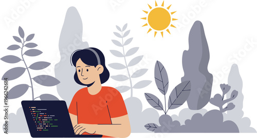 A remote developer works outdoors, bathed in sunlight, using a laptop amidst lush greenery. A cheerful scene of digital work and nature.