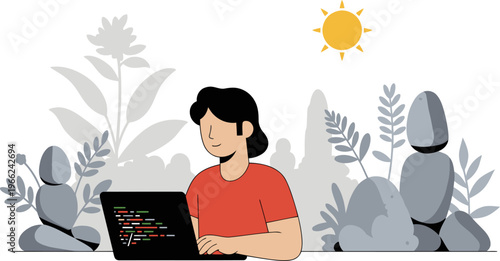 A remote developer enjoys a peaceful garden office, coding on a laptop amidst lush greenery. A modern, bright workspace promotes focus and well-being.