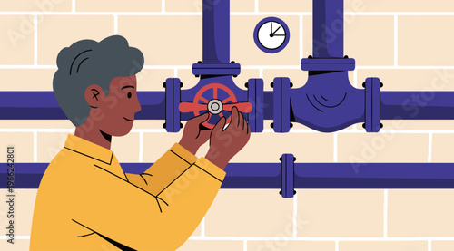 A technician adjusts a valve on a geothermal heating bunker system. The image showcases a professional inspecting the infrastructure, highlighting a modern energy solution.