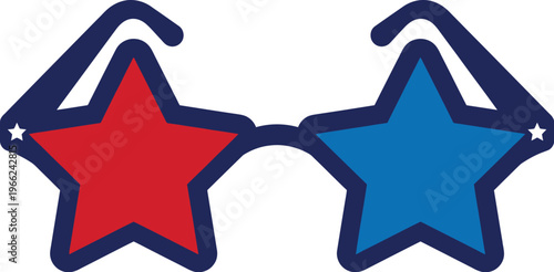 A pair of novelty sunglasses featuring large red and blue star-shaped lenses sits isolated against a white backdrop.