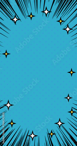 黒い集中線とキラキラと水玉模様の水色背景フレーム。縦型スマホ用ベクター素材
