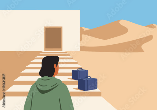 A traveler approaches a luxurious desert villa via stone steps, luggage in tow. A serene desert landscape forms the backdrop.  Desert Retreat Villa Arrival.