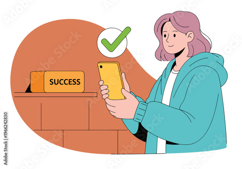 A young woman uses a mobile app to approve a loan, symbolizing success. Modern illustration style, bright colors, and a clean design.