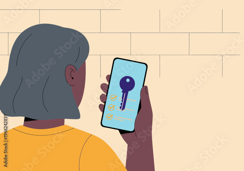 A woman uses a smartphone to grant digital guest access. A clean, modern illustration showcases a digital key and guest access concept.  Bright, inviting style.
