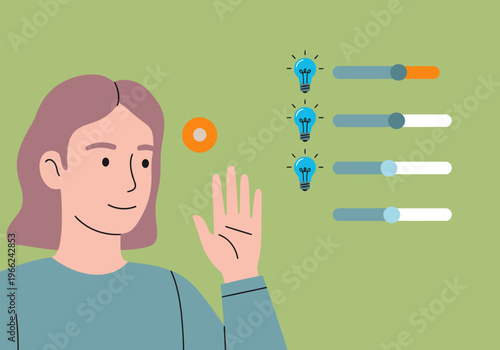 A woman uses gesture control to adjust smart lighting. Modern illustration showcasing intuitive smart home technology. Bright, clean design.