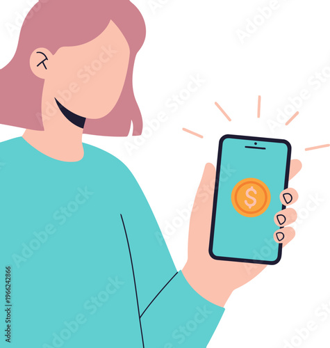 A young woman uses her smartphone for a successful mobile transaction. A coin icon appears on the screen, conveying digital payment. Modern, vibrant illustration.