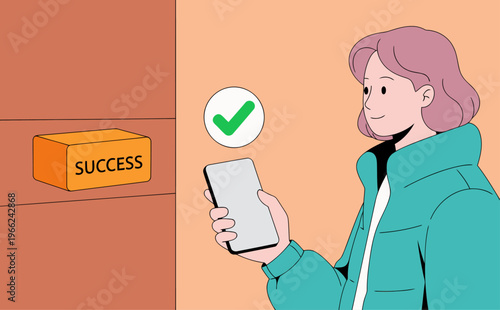 A young woman uses her phone to approve a street vendor loan. A success icon appears on her screen. Modern, digital, and optimistic.