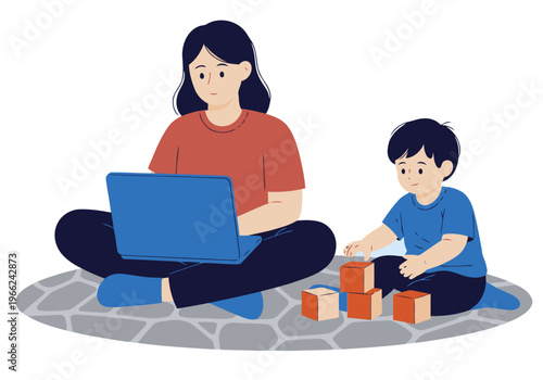 A woman works remotely while her child plays nearby. A heartwarming scene of family balance and modern work-life integration. Soft colors and a casual style.