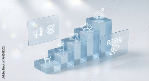 ecommerce business growth and digital marketing strategy concept with glass bar chart blocks showing online shopping sales retail conversion success and customer loyalty icons