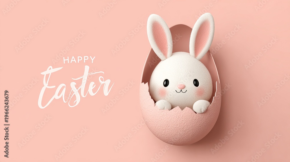 Obraz premium A cute white bunny emerges from a pink Easter egg on a pastel background with Happy Easter text