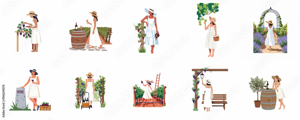 Naklejka premium Set of flat vector illustrations featuring women in white dresses and straw hats enjoying wine tourism, harvesting grapes, and tasting wine in vineyards.